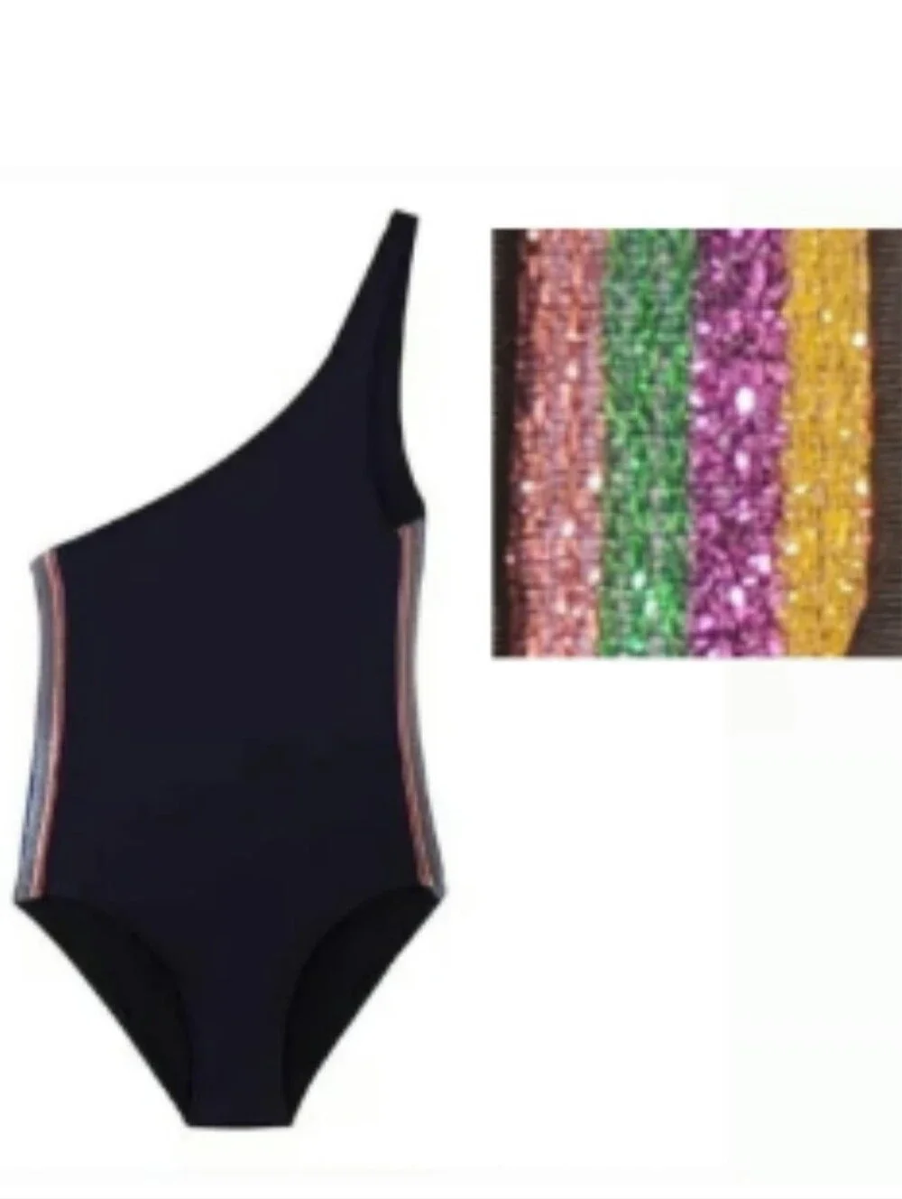 PilyQ Black w/ Rainbow Metallic Stripe One Shoulder One-Piece Girl's Size 6